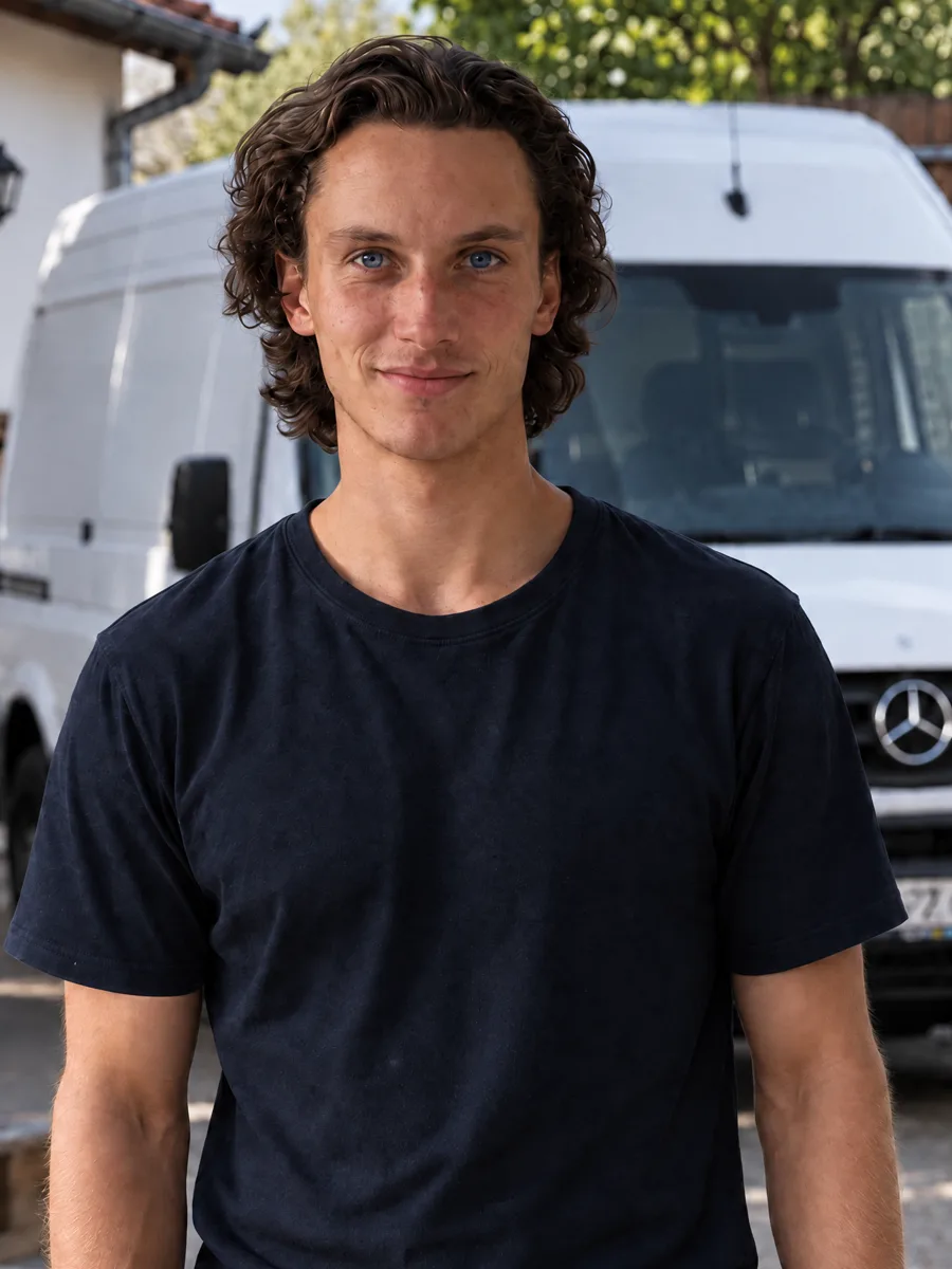 Marvin Kalkschmid vor dem Transporter der Schwabinger Entrümpelung