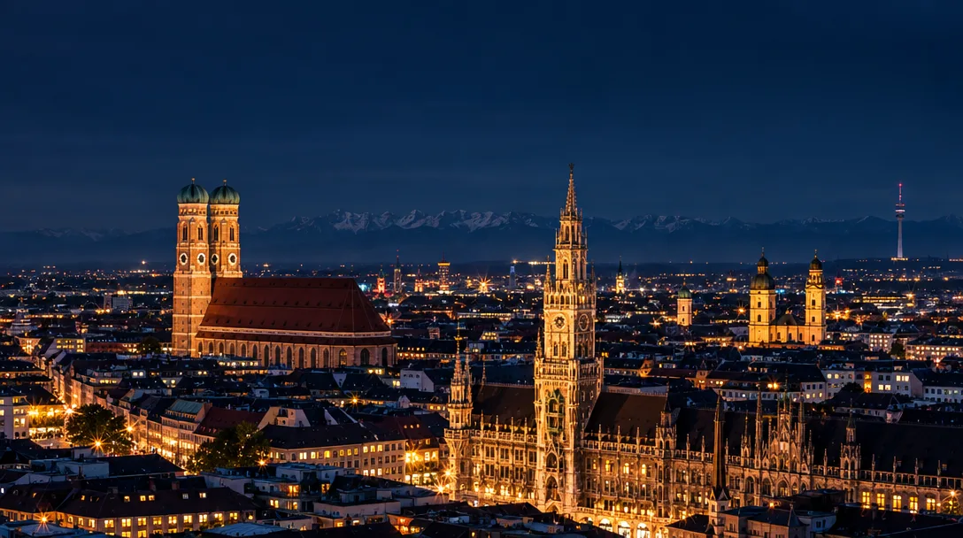 München bei Nacht mit Frauenkirche, Rathaus und Alpen