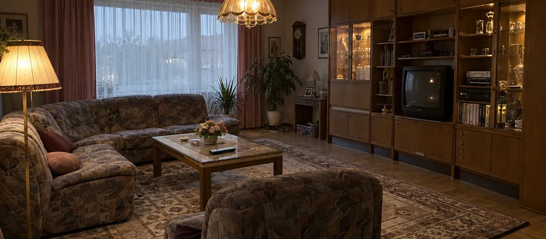 Wohnzimmer einer aufzulösenden Wohnung: Polstergarnitur, Schrankwand mit Vitrine, Stehlampe und Couchtisch im Abendlicht